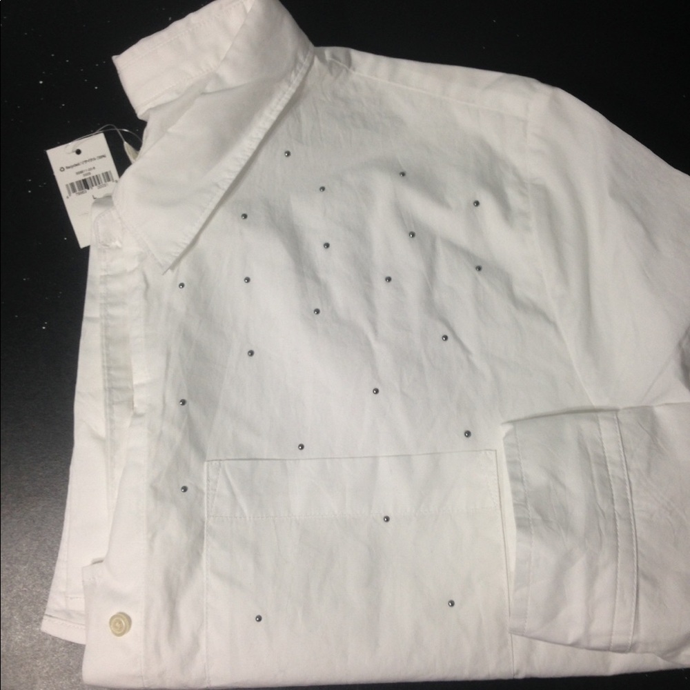 NWT Gap White Cotton Button Up Pewter Dots, Sz L